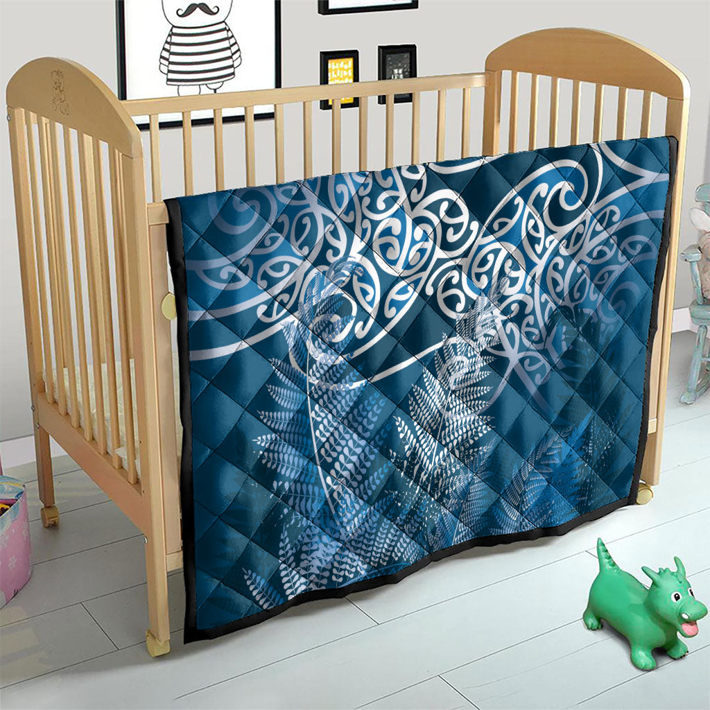 Aotearoa Maori Koru Curves Quilt Silver Ferns - Navy Blue LT7 - Polynesian Pride