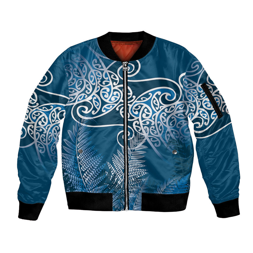 Aotearoa Maori Koru Curves Sleeve Zip Bomber Jacket Silver Ferns - Navy Blue LT7 Unisex Navy Blue - Polynesian Pride