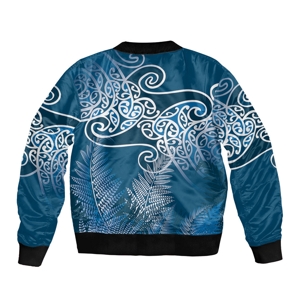 Aotearoa Maori Koru Curves Sleeve Zip Bomber Jacket Silver Ferns - Navy Blue LT7 - Polynesian Pride