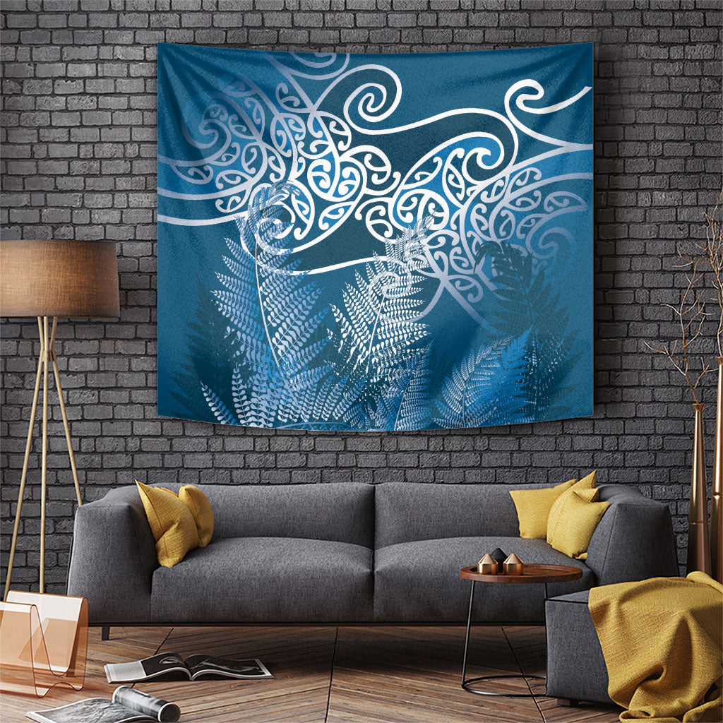 Aotearoa Maori Koru Curves Tapestry Silver Ferns - Navy Blue LT7 Navy Blue - Polynesian Pride