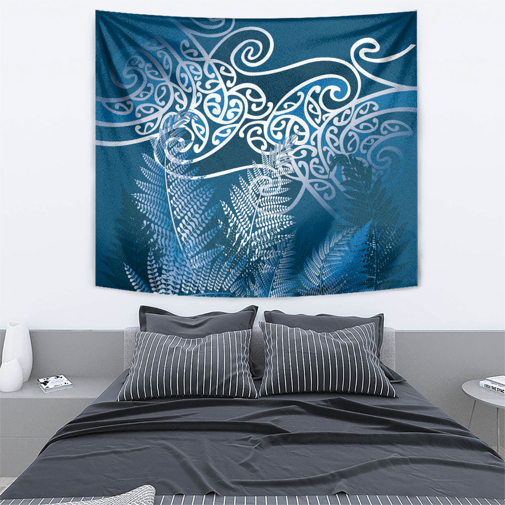Aotearoa Maori Koru Curves Tapestry Silver Ferns - Navy Blue LT7 - Polynesian Pride