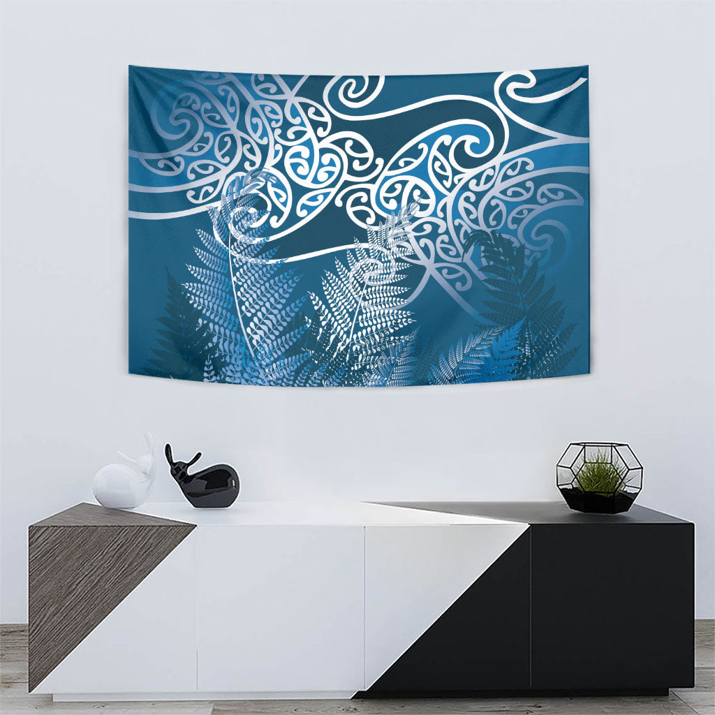 Aotearoa Maori Koru Curves Tapestry Silver Ferns - Navy Blue LT7 - Polynesian Pride