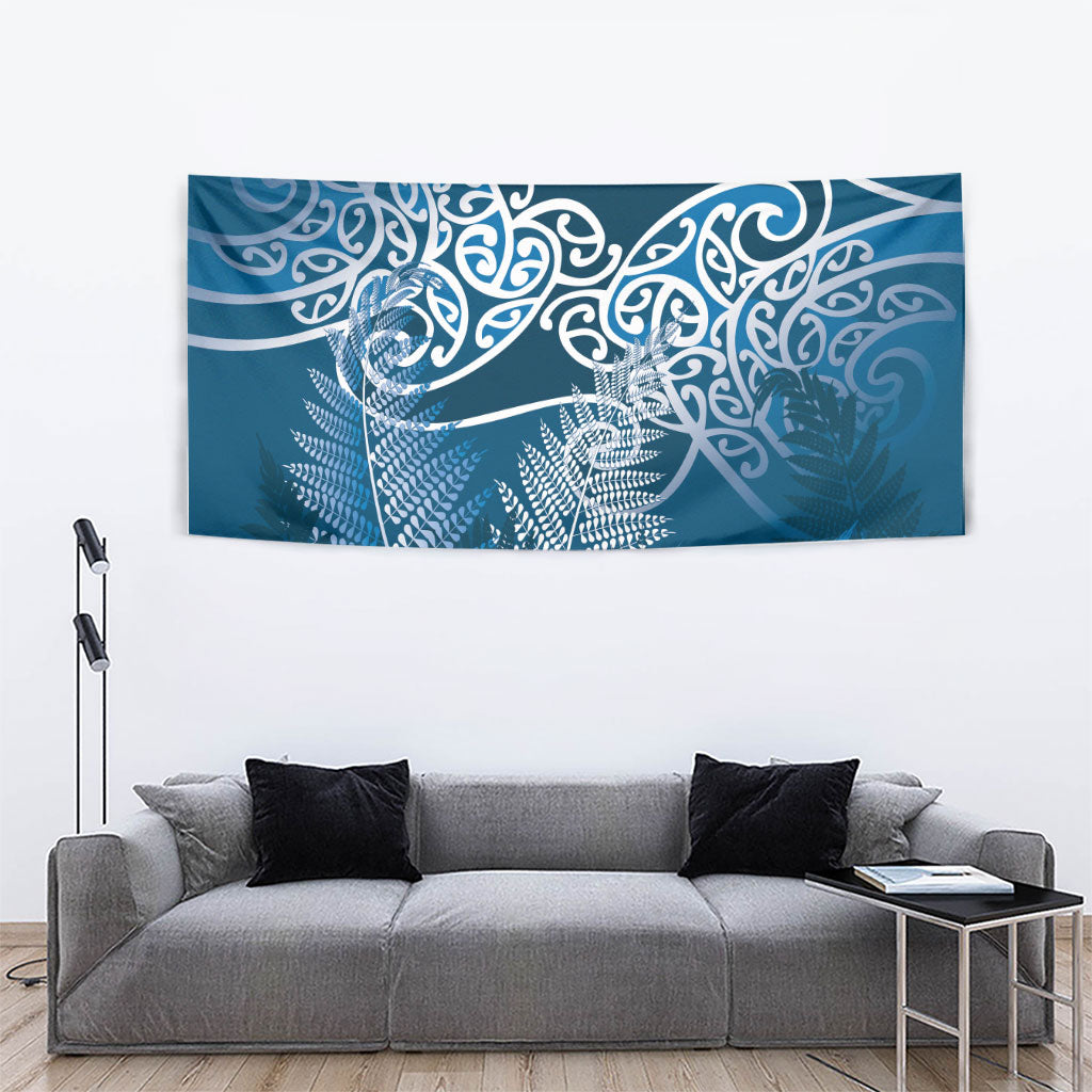 Aotearoa Maori Koru Curves Tapestry Silver Ferns - Navy Blue LT7 - Polynesian Pride