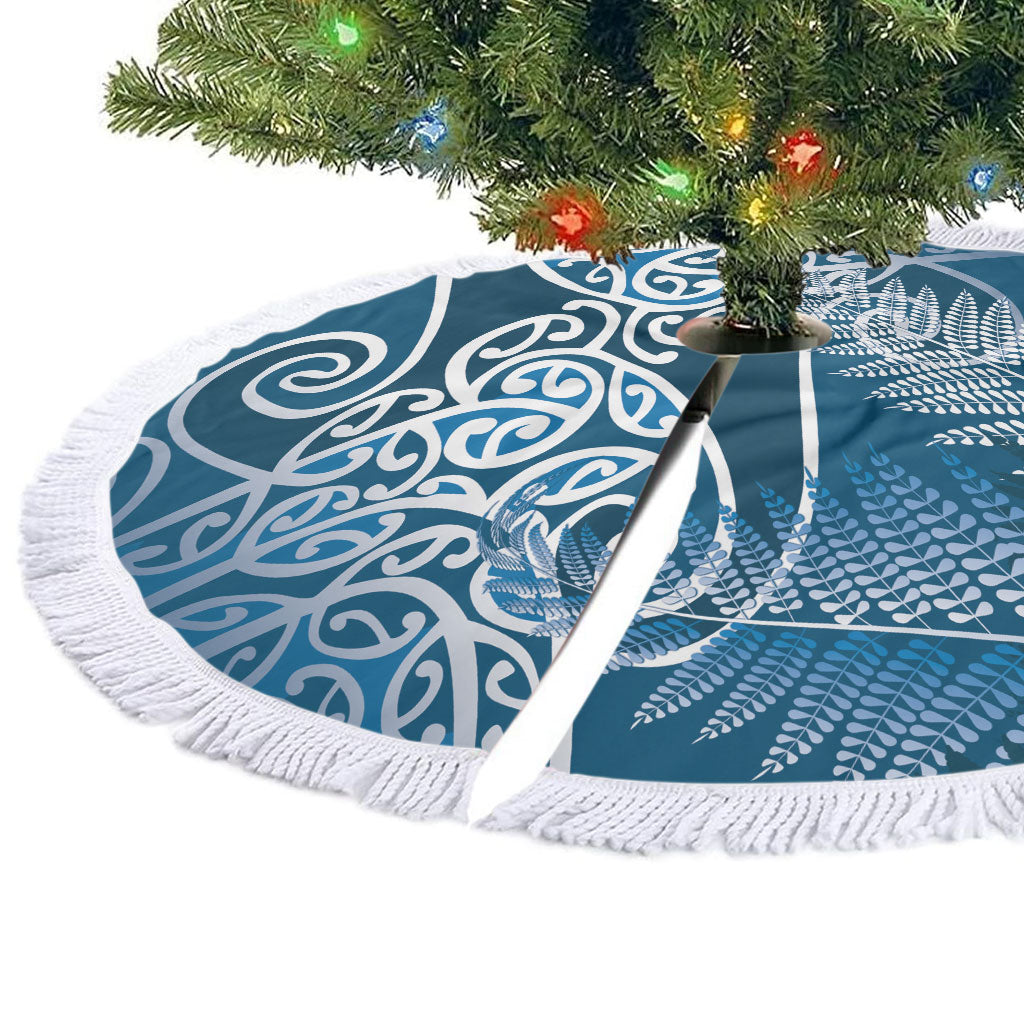 Aotearoa Maori Koru Curves Tree Skirt Silver Ferns - Navy Blue