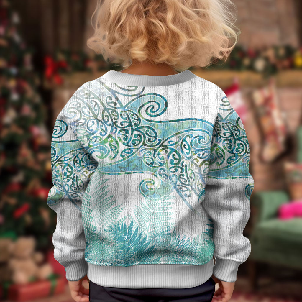 Aotearoa Maori Koru Curves Kid Ugly Christmas Sweater Mossy Paua Shell