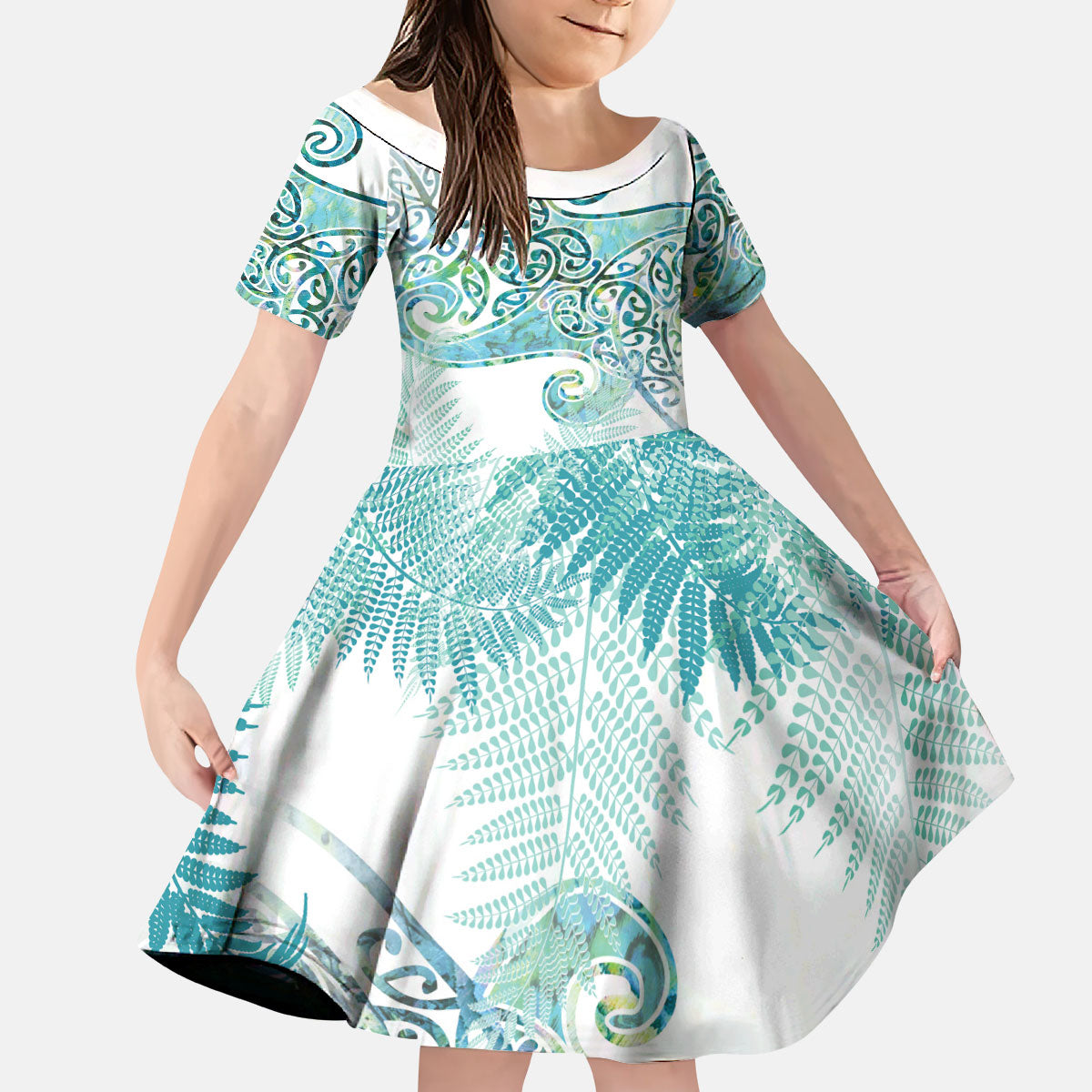 Aotearoa Maori Koru Curves Kid Short Sleeve Dress Mossy Paua Shell LT7 KID Green - Polynesian Pride