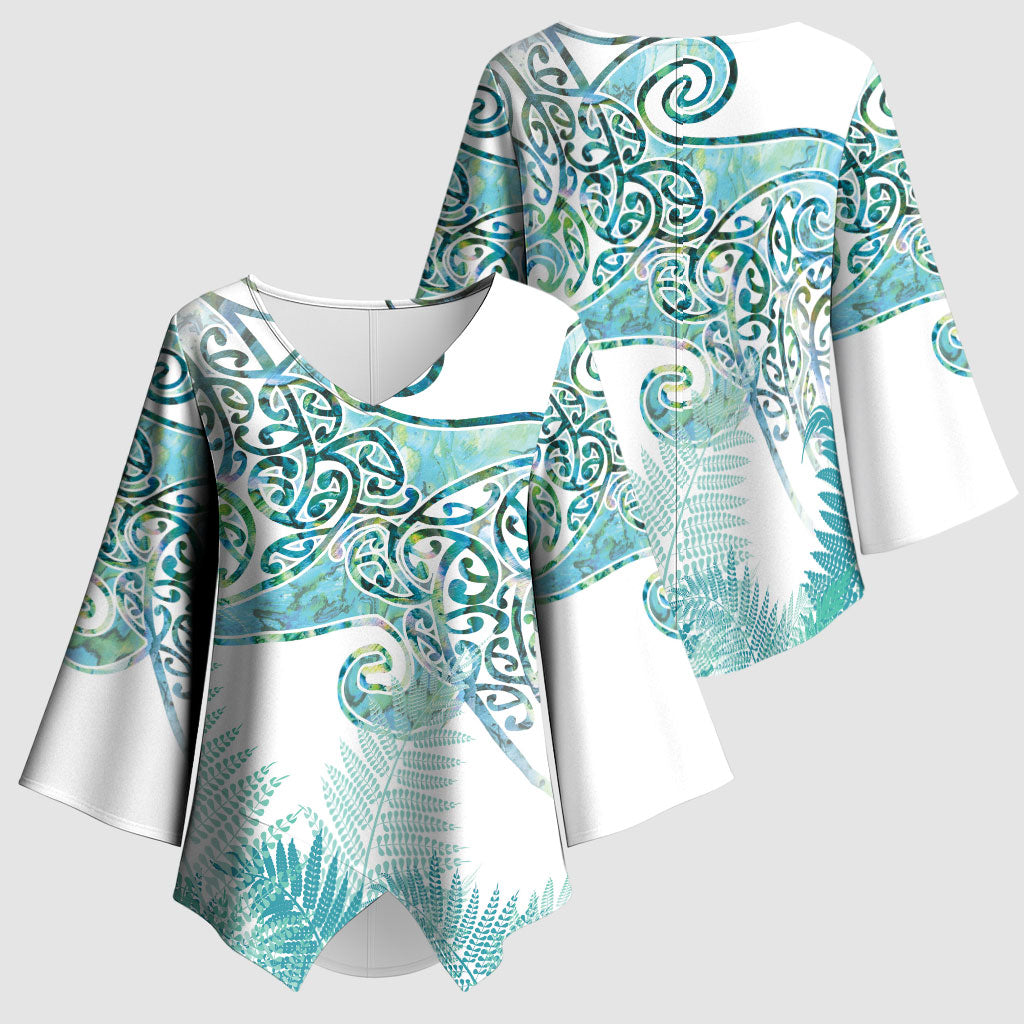 Aotearoa Maori Koru Curves Kimono Sleeve Blouse Mossy Paua Shell LT7 - Polynesian Pride