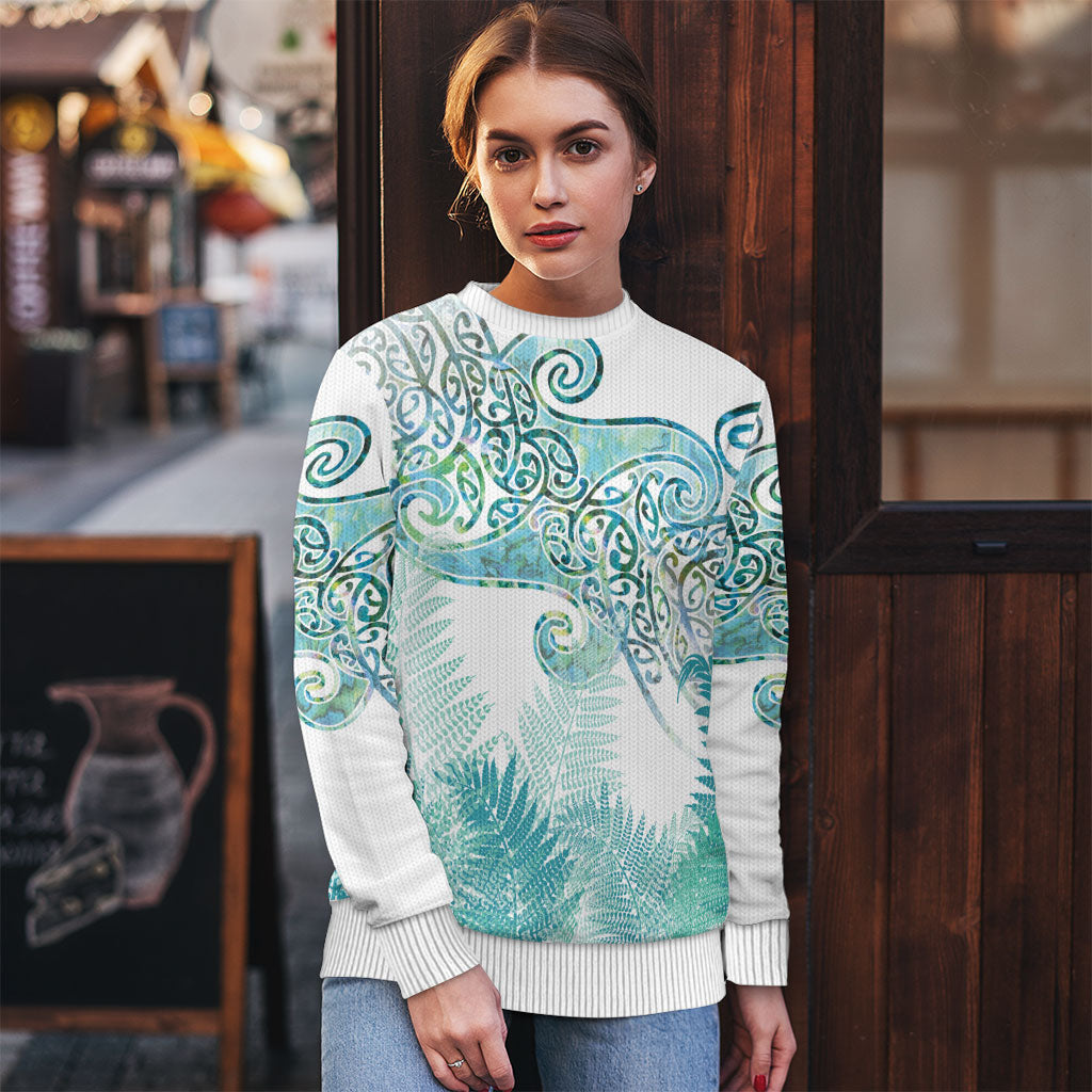 Aotearoa Maori Koru Curves Ugly Christmas Sweater Mossy Paua Shell