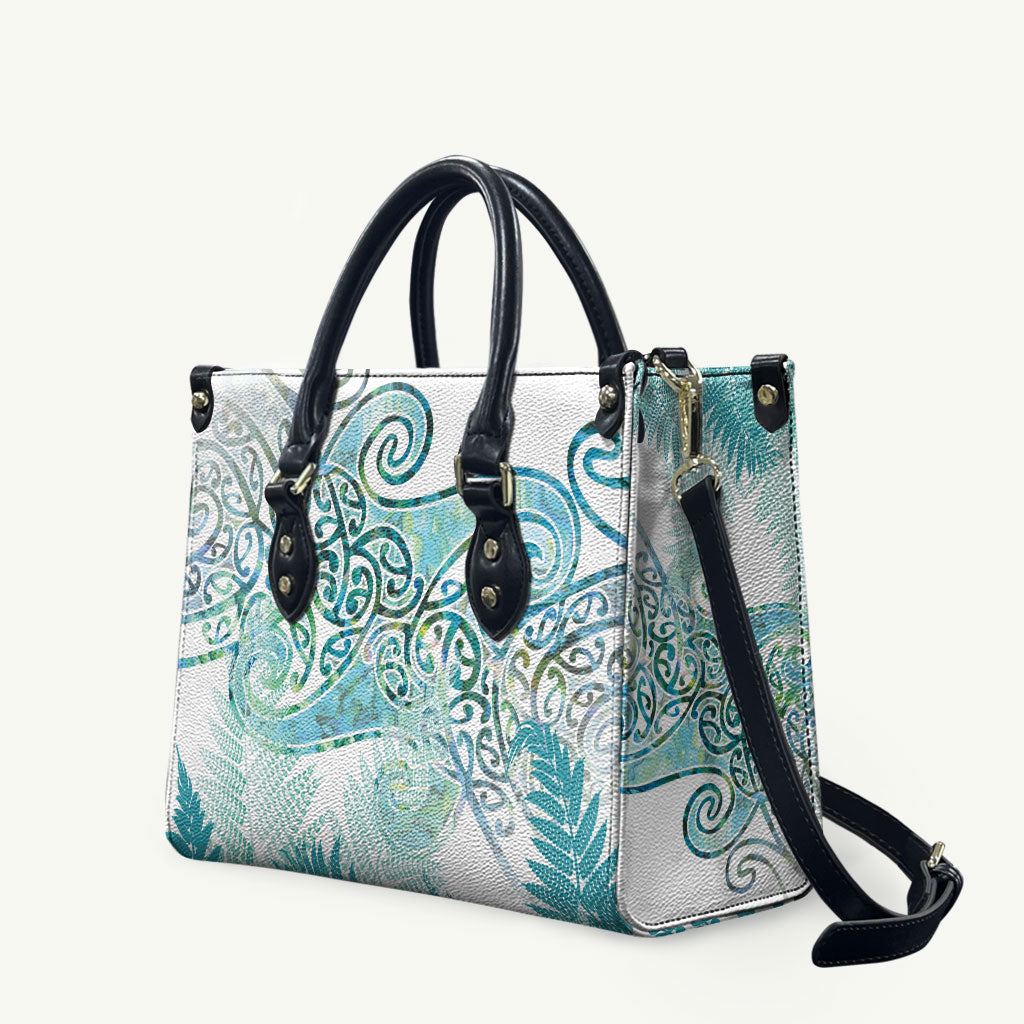 Aotearoa Maori Koru Curves Leather Bag Mossy Paua Shell LT7 Green - Polynesian Pride