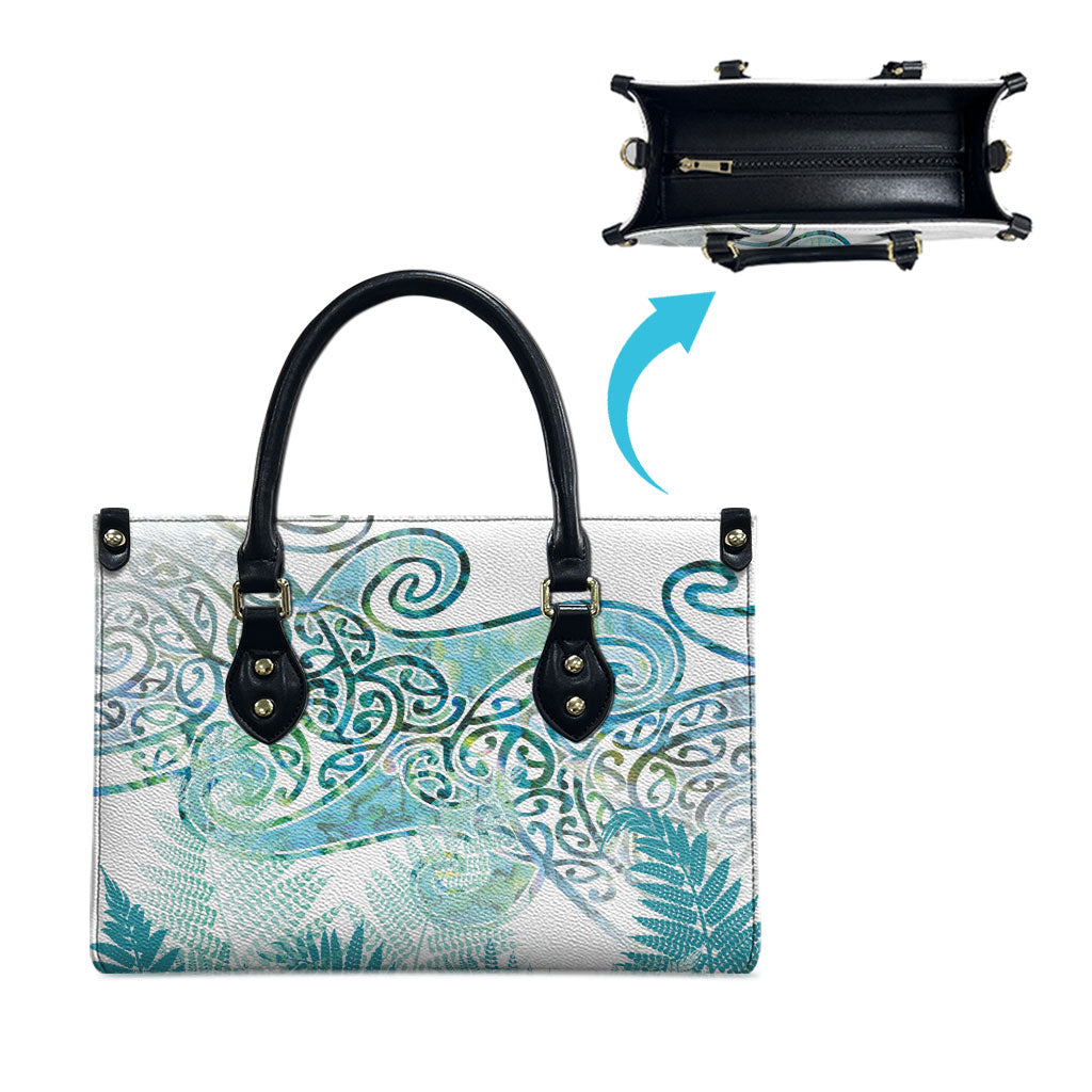 Aotearoa Maori Koru Curves Leather Bag Mossy Paua Shell LT7 - Polynesian Pride