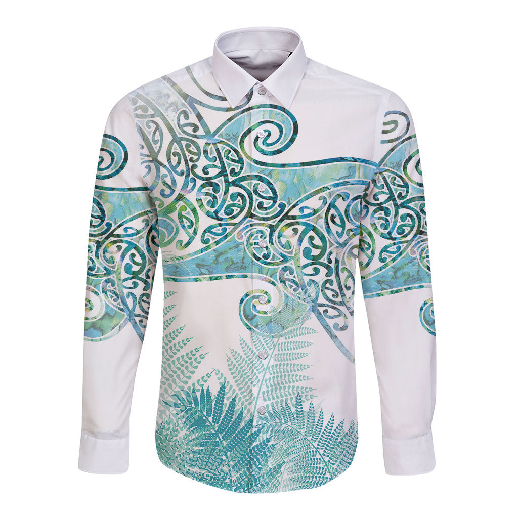 Aotearoa Maori Koru Curves Long Sleeve Button Shirt Mossy Paua Shell LT7 Unisex Green - Polynesian Pride