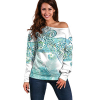 Aotearoa Maori Koru Curves Off Shoulder Sweater Mossy Paua Shell LT7 Women Green - Polynesian Pride