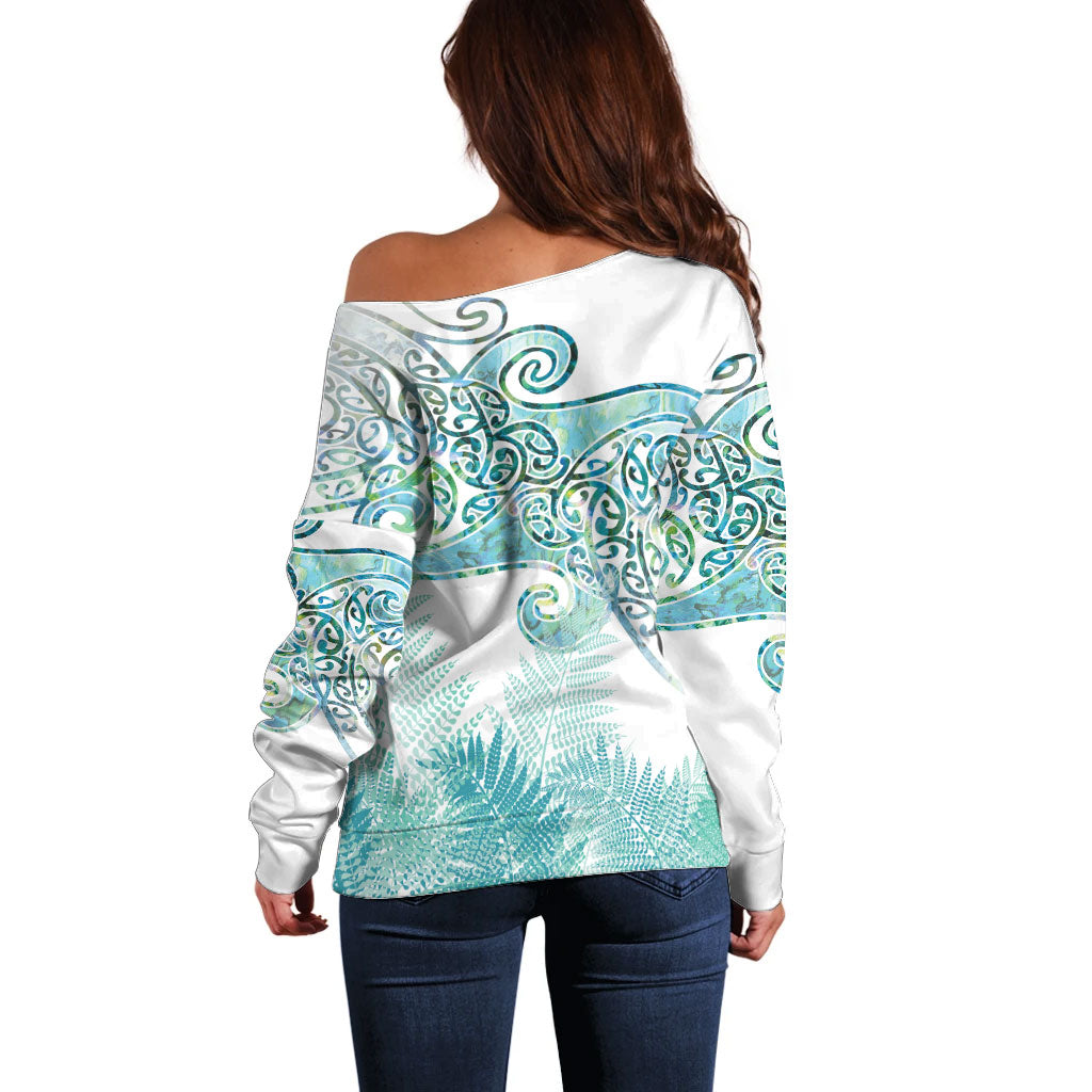 Aotearoa Maori Koru Curves Off Shoulder Sweater Mossy Paua Shell LT7 - Polynesian Pride