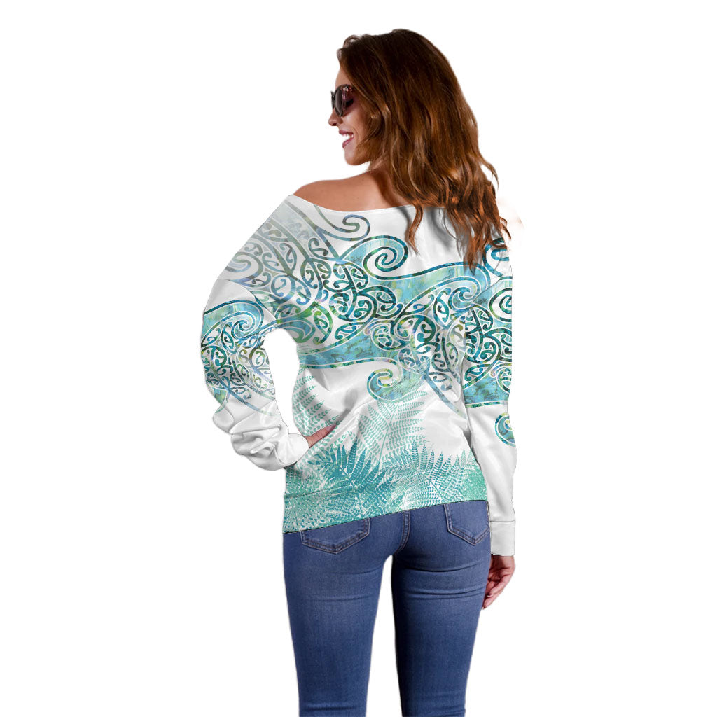 Aotearoa Maori Koru Curves Off Shoulder Sweater Mossy Paua Shell LT7 - Polynesian Pride