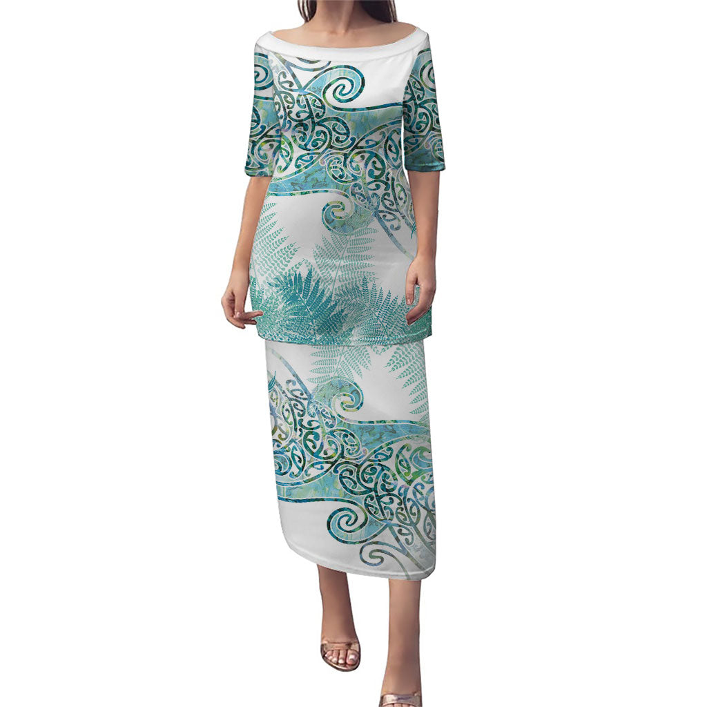 Aotearoa Maori Koru Curves Puletasi Mossy Paua Shell LT7 Long Dress Green - Polynesian Pride