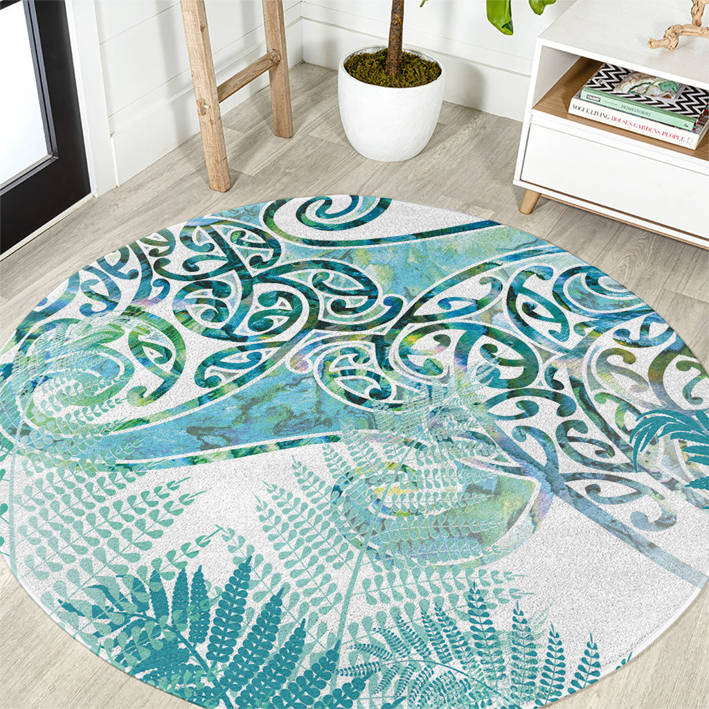 Aotearoa Maori Koru Curves Round Carpet Mossy Paua Shell LT7 Green - Polynesian Pride