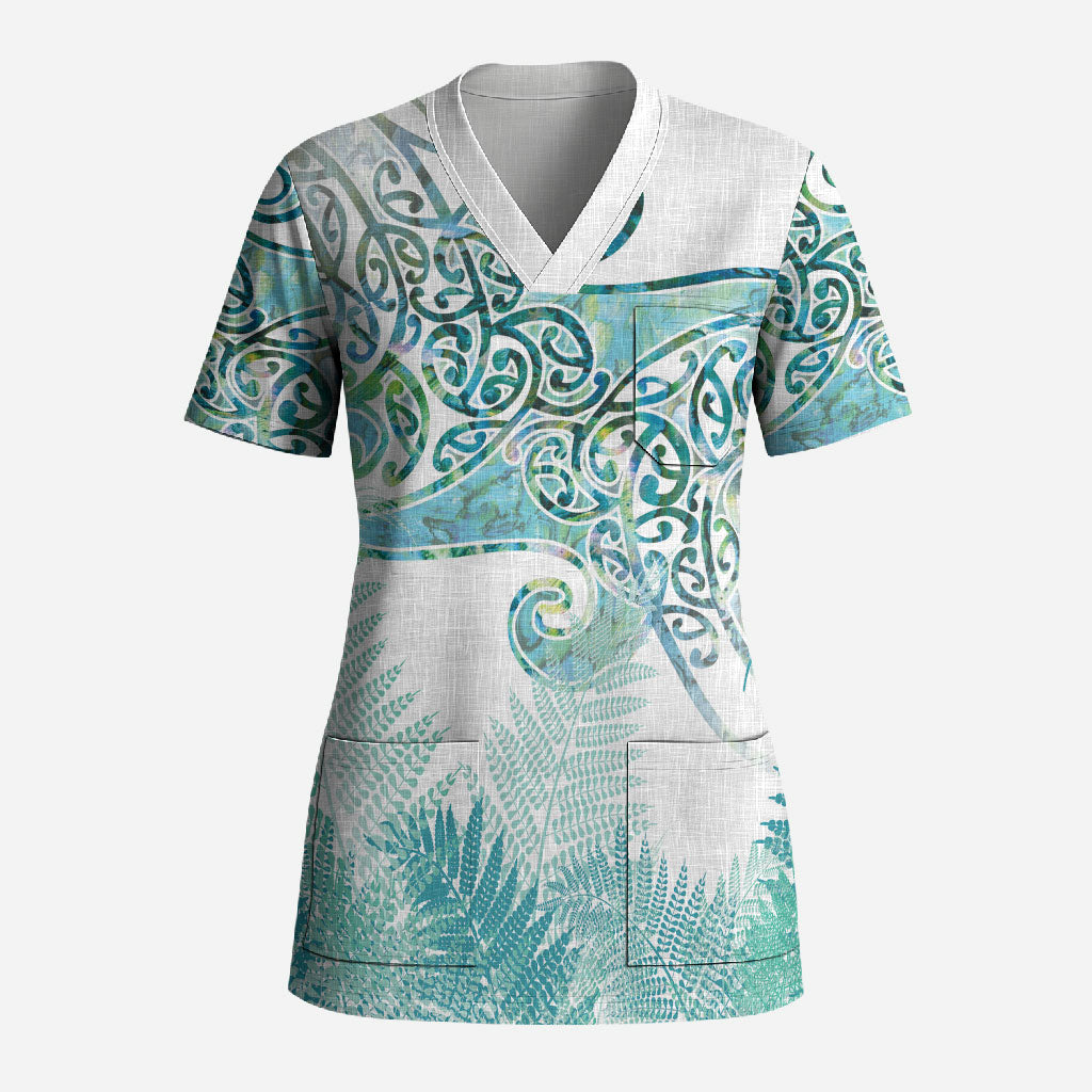 Aotearoa Maori Koru Curves Scrub Top Mossy Paua Shell LT7 Adult Green - Polynesian Pride