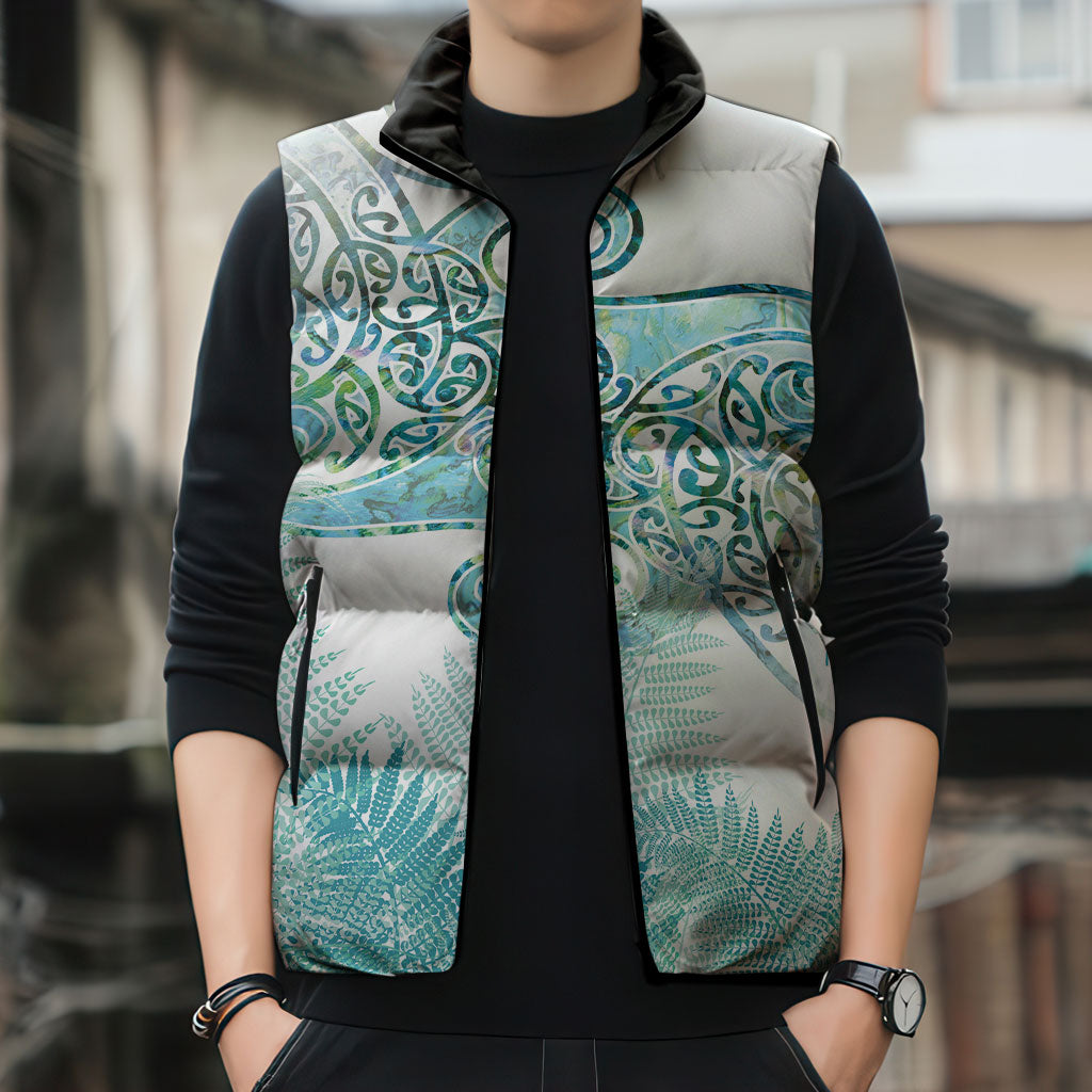 Aotearoa Maori Koru Curves Sleeveless Puffer Jacket Mossy Paua Shell LT7 - Polynesian Pride