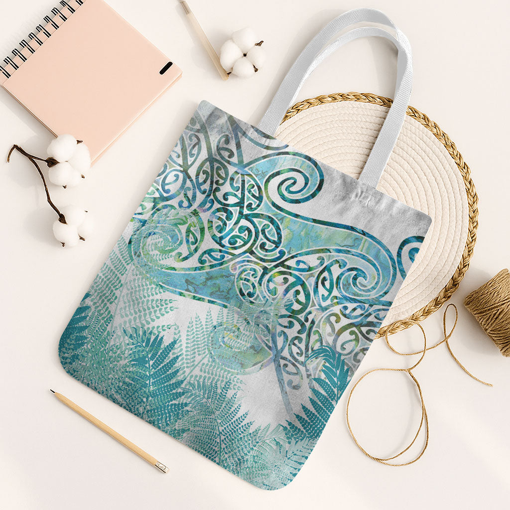 Aotearoa Maori Koru Curves Tote Bag Mossy Paua Shell LT7 White Strap One Size Green - Polynesian Pride