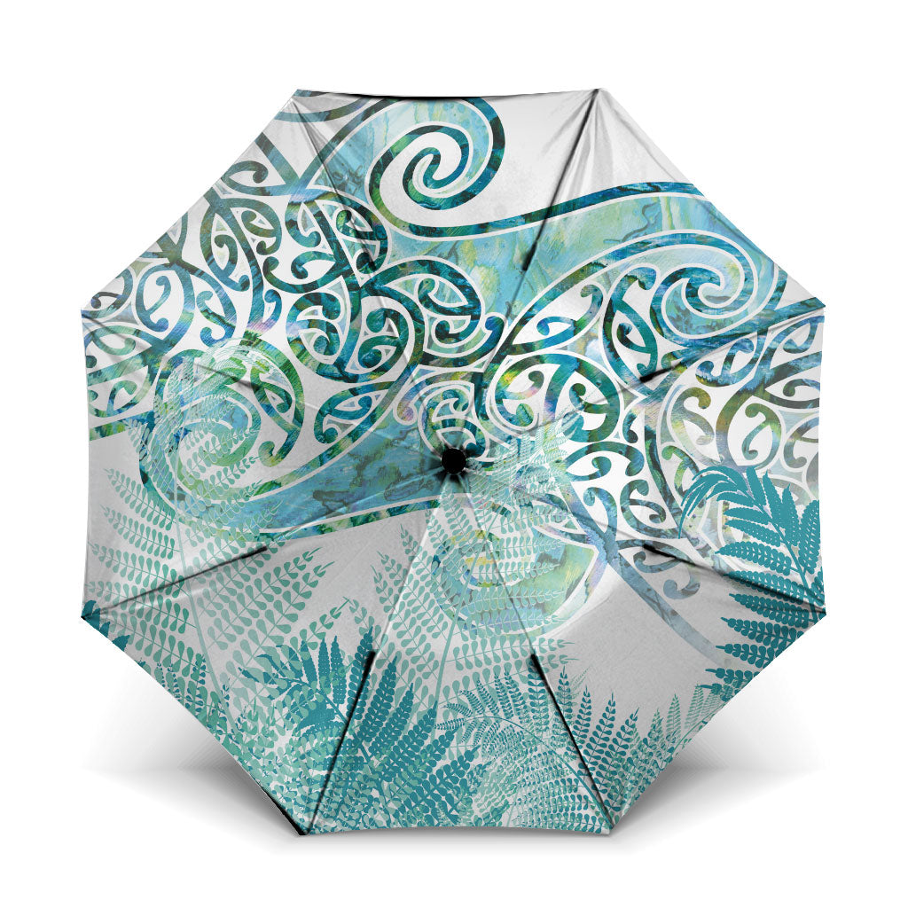 Aotearoa Maori Koru Curves Umbrella Mossy Paua Shell LT7 One Size Folded 11.42 inch Opened Diameter 37.4 inch Green - Polynesian Pride