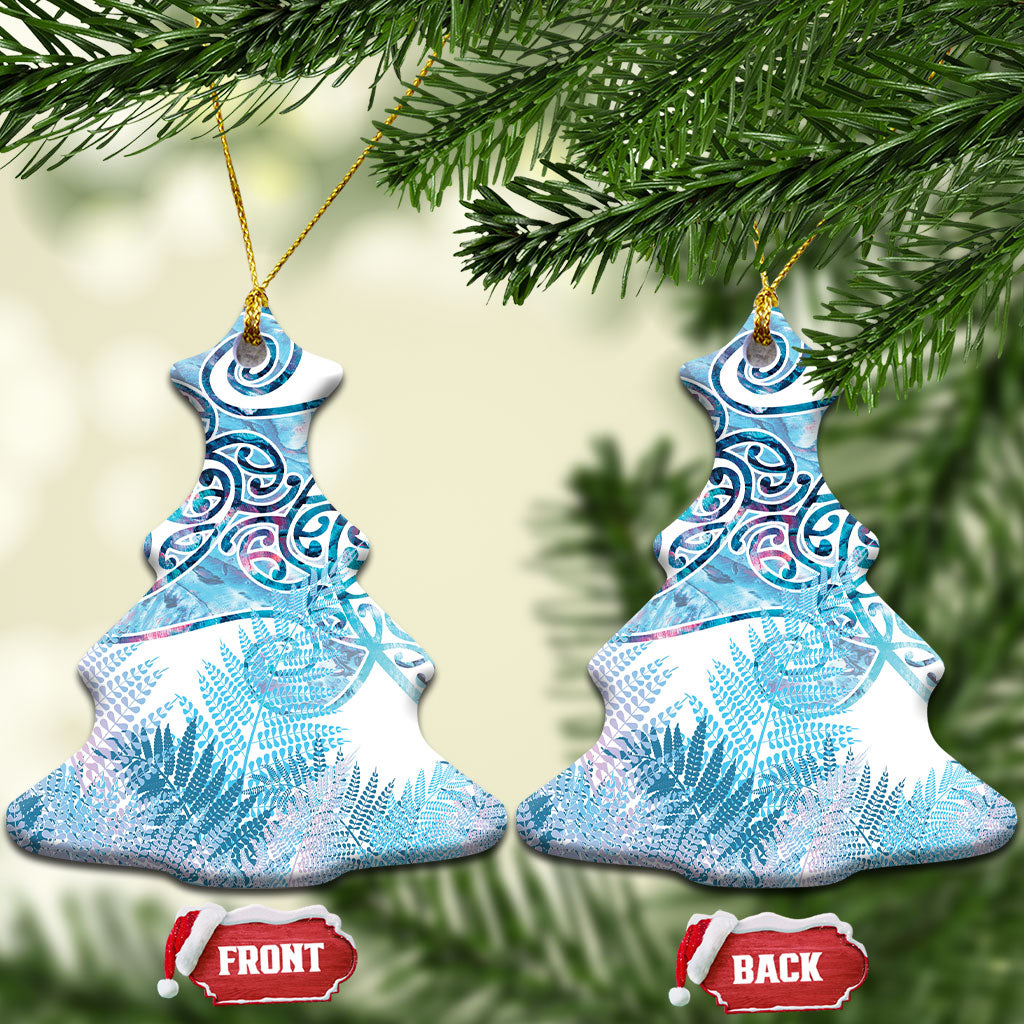 Aotearoa Maori Koru Curves Ceramic Ornament Aqua Paua Shell