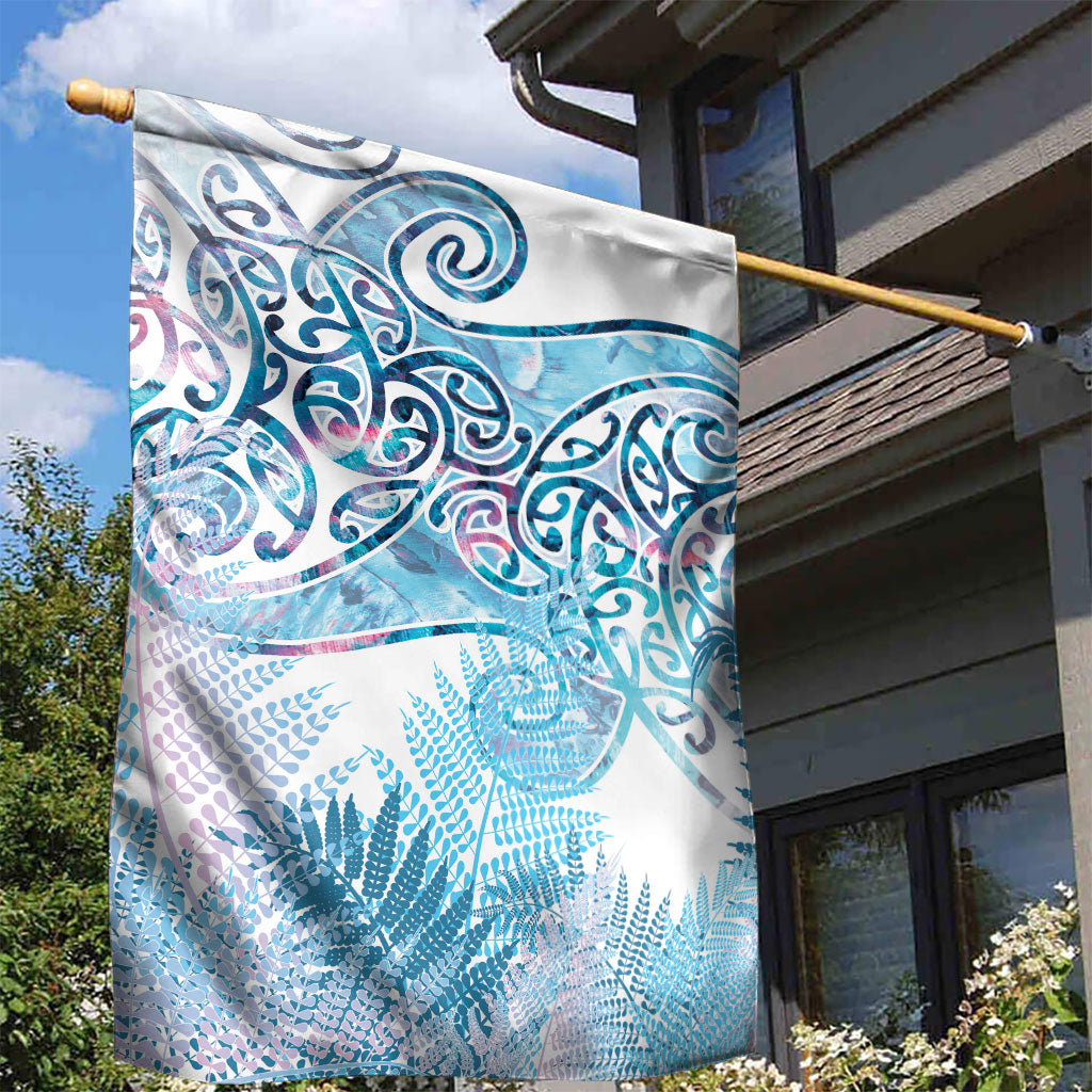 Aotearoa Maori Koru Curves Garden Flag Aqua Paua Shell LT7 - Polynesian Pride