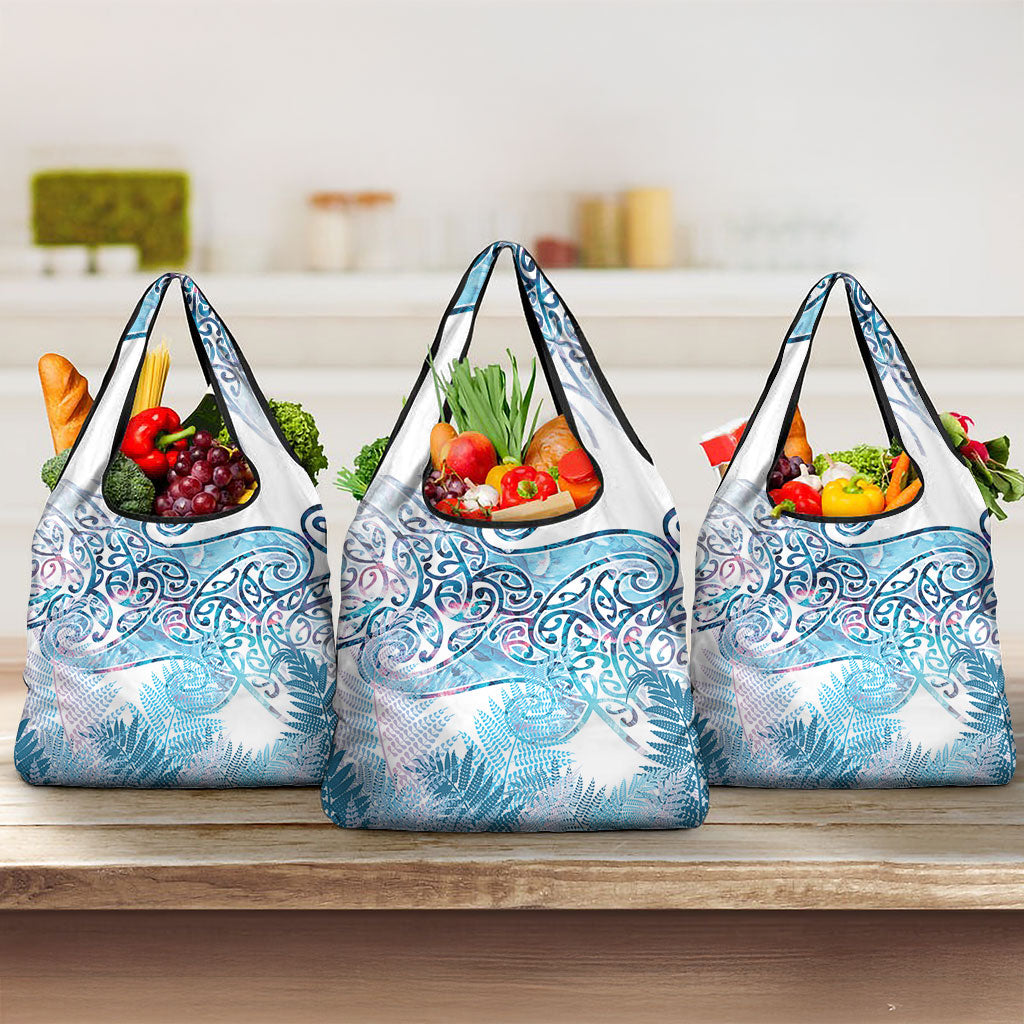 Aotearoa Maori Koru Curves Grocery Bag Aqua Paua Shell LT7 3-pack One Size Blue - Polynesian Pride