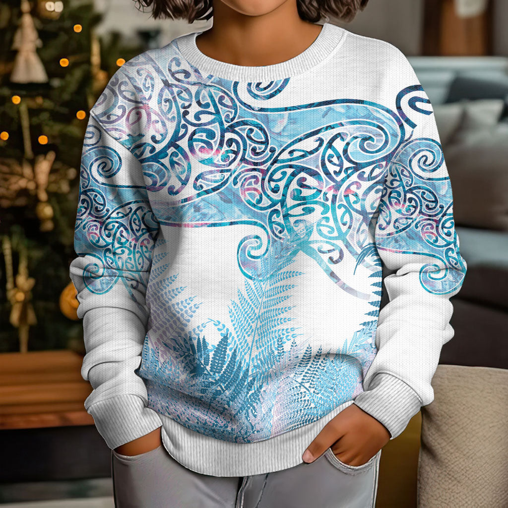 Aotearoa Maori Koru Curves Kid Ugly Christmas Sweater Aqua Paua Shell