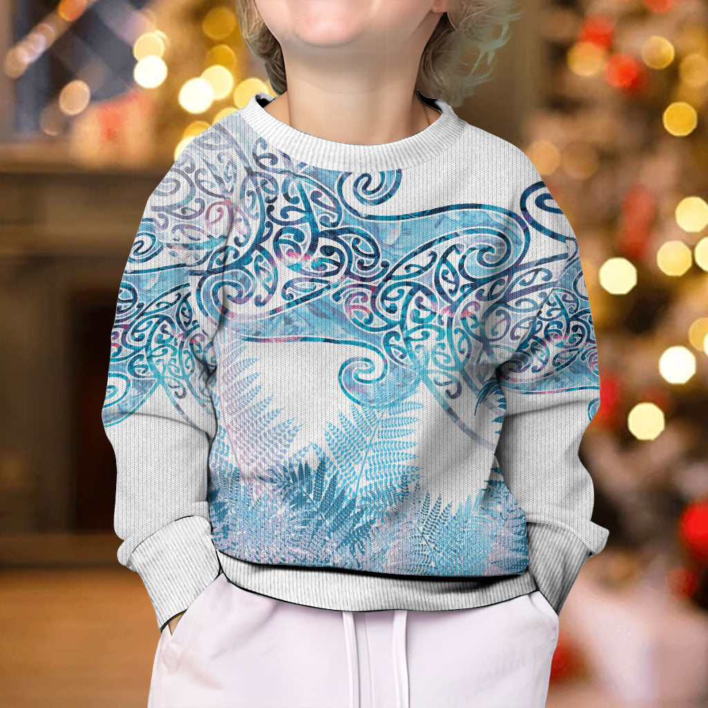 Aotearoa Maori Koru Curves Kid Ugly Christmas Sweater Aqua Paua Shell