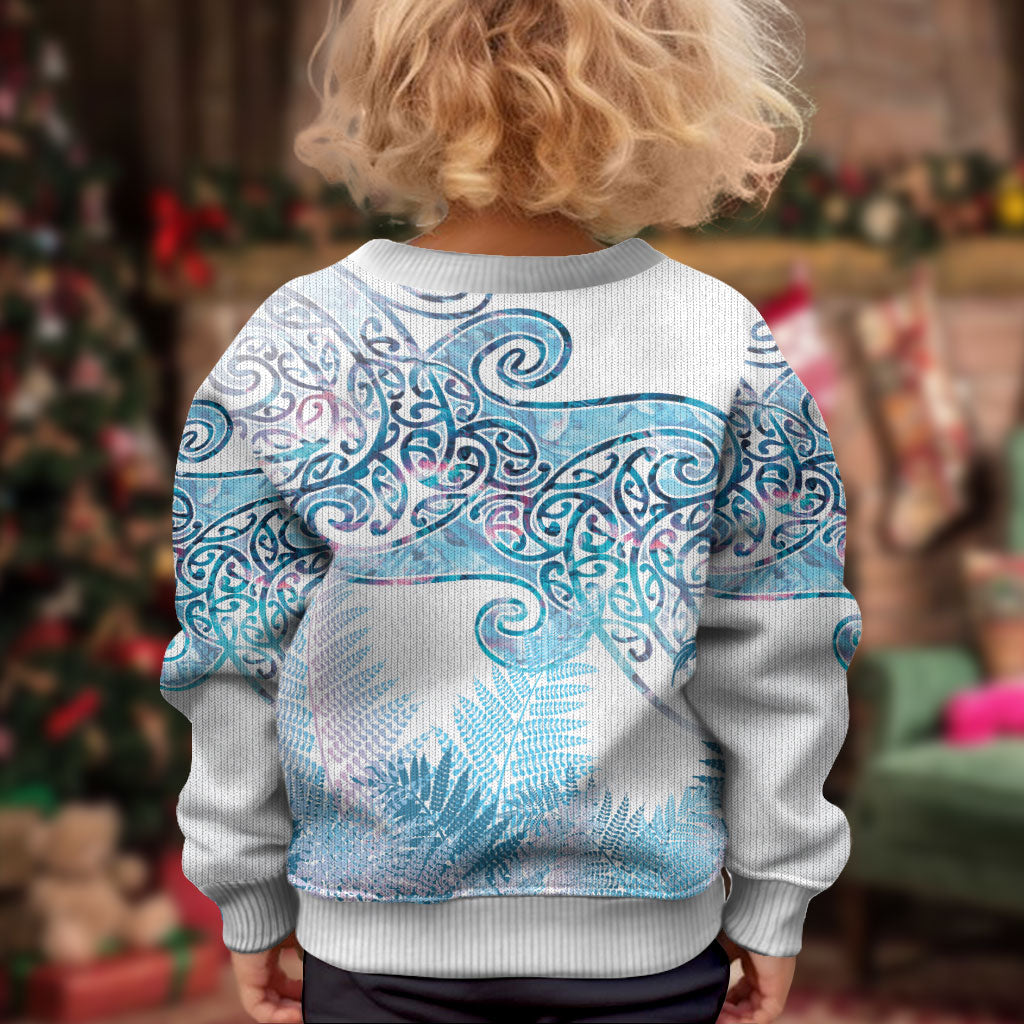 Aotearoa Maori Koru Curves Kid Ugly Christmas Sweater Aqua Paua Shell