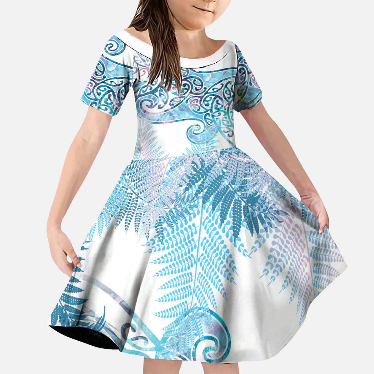 Aotearoa Maori Koru Curves Kid Short Sleeve Dress Aqua Paua Shell LT7 KID Blue - Polynesian Pride