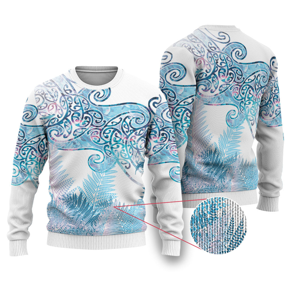 Aotearoa Maori Koru Curves Ugly Christmas Sweater Aqua Paua Shell