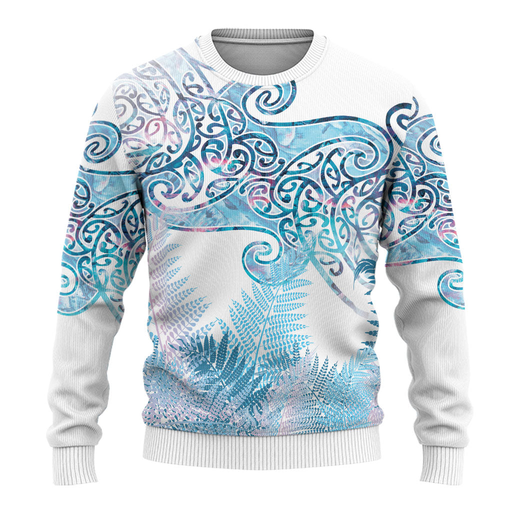 Aotearoa Maori Koru Curves Ugly Christmas Sweater Aqua Paua Shell