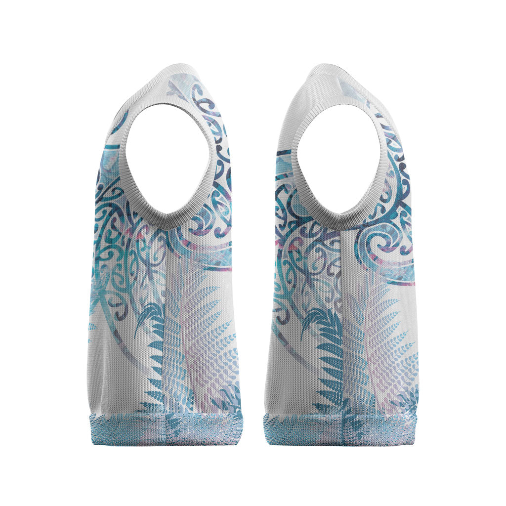 Aotearoa Maori Koru Curves Christmas Knitted V-Neck Vest Aqua Paua Shell