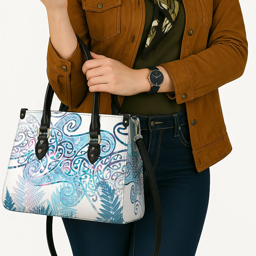 Aotearoa Maori Koru Curves Leather Bag Aqua Paua Shell LT7 - Polynesian Pride