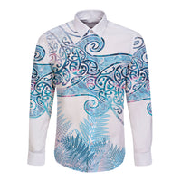 Aotearoa Maori Koru Curves Long Sleeve Button Shirt Aqua Paua Shell LT7 Unisex Blue - Polynesian Pride