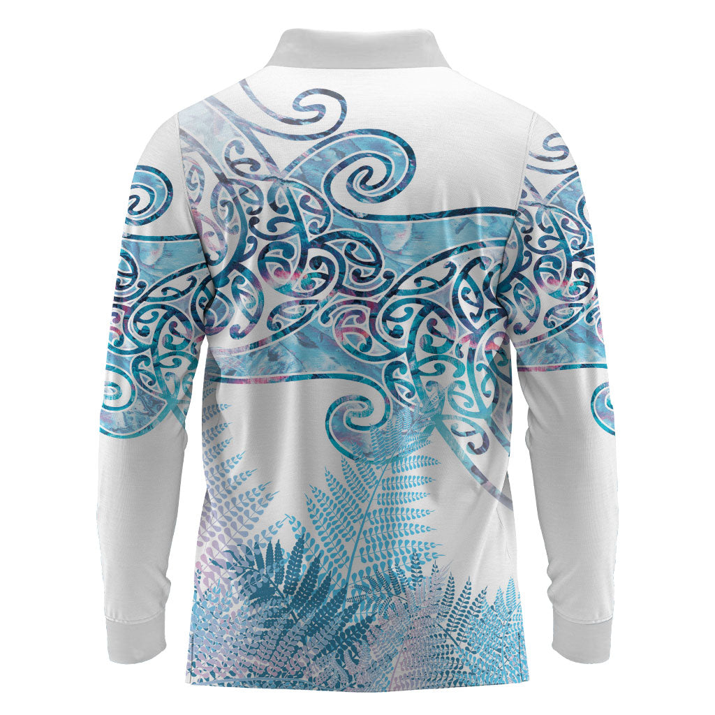 Aotearoa Maori Koru Curves Long Sleeve Polo Shirt Aqua Paua Shell LT7 - Polynesian Pride