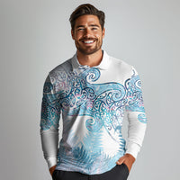 Aotearoa Maori Koru Curves Long Sleeve Polo Shirt Aqua Paua Shell LT7 - Polynesian Pride