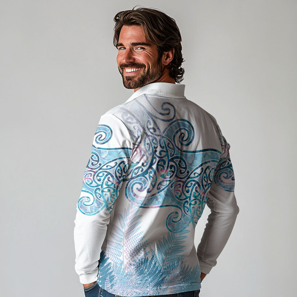 Aotearoa Maori Koru Curves Long Sleeve Polo Shirt Aqua Paua Shell LT7 - Polynesian Pride