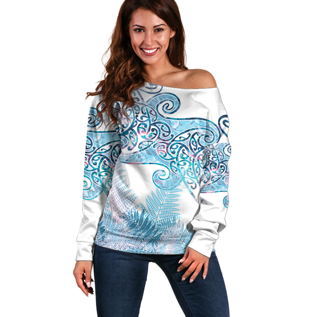 Aotearoa Maori Koru Curves Off Shoulder Sweater Aqua Paua Shell LT7 Women Blue - Polynesian Pride