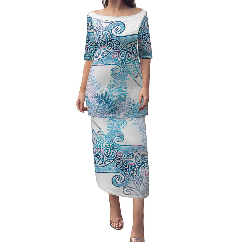 Aotearoa Maori Koru Curves Puletasi Aqua Paua Shell LT7 Long Dress Blue - Polynesian Pride
