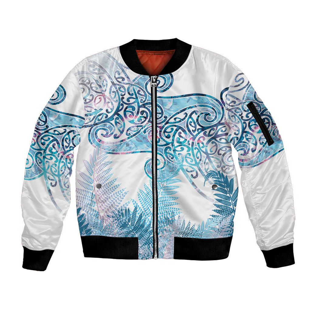Aotearoa Maori Koru Curves Sleeve Zip Bomber Jacket Aqua Paua Shell LT7 Unisex Blue - Polynesian Pride