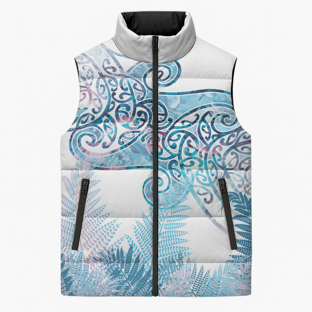 Aotearoa Maori Koru Curves Sleeveless Puffer Jacket Aqua Paua Shell LT7 Unisex Blue - Polynesian Pride