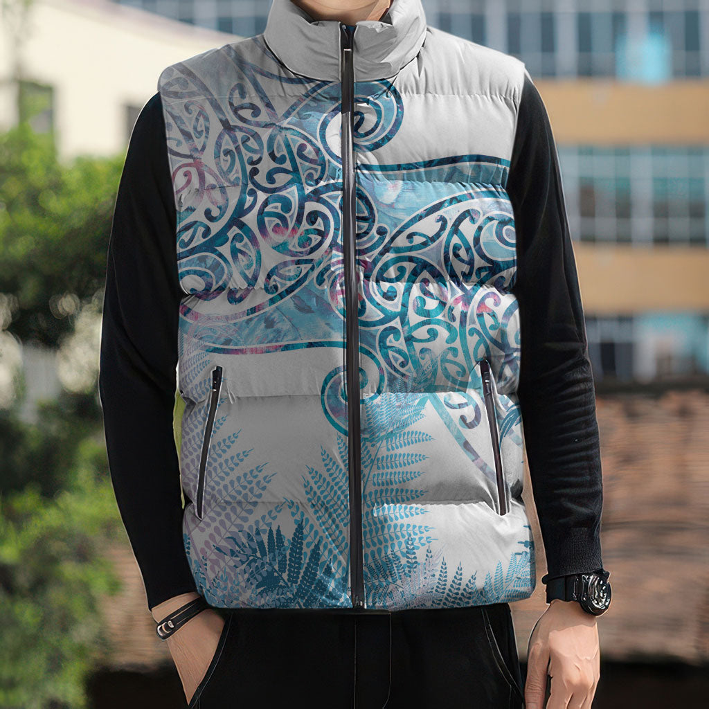 Aotearoa Maori Koru Curves Sleeveless Puffer Jacket Aqua Paua Shell LT7 - Polynesian Pride