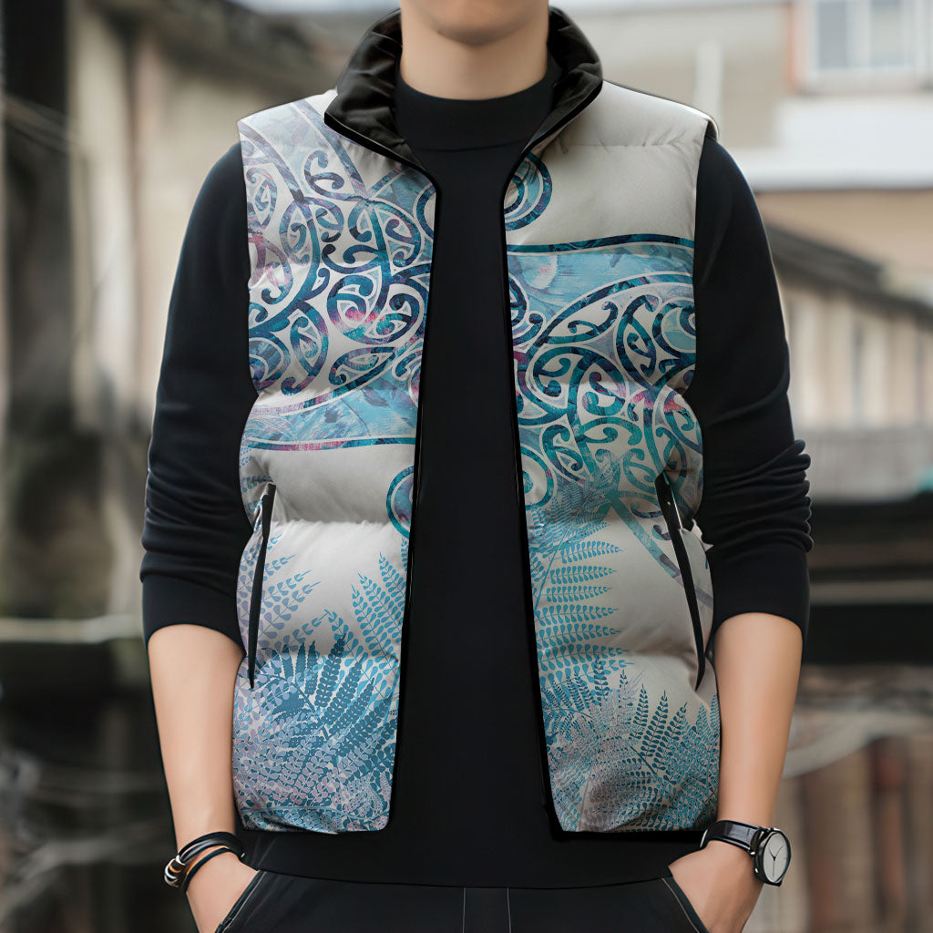 Aotearoa Maori Koru Curves Sleeveless Puffer Jacket Aqua Paua Shell LT7 - Polynesian Pride