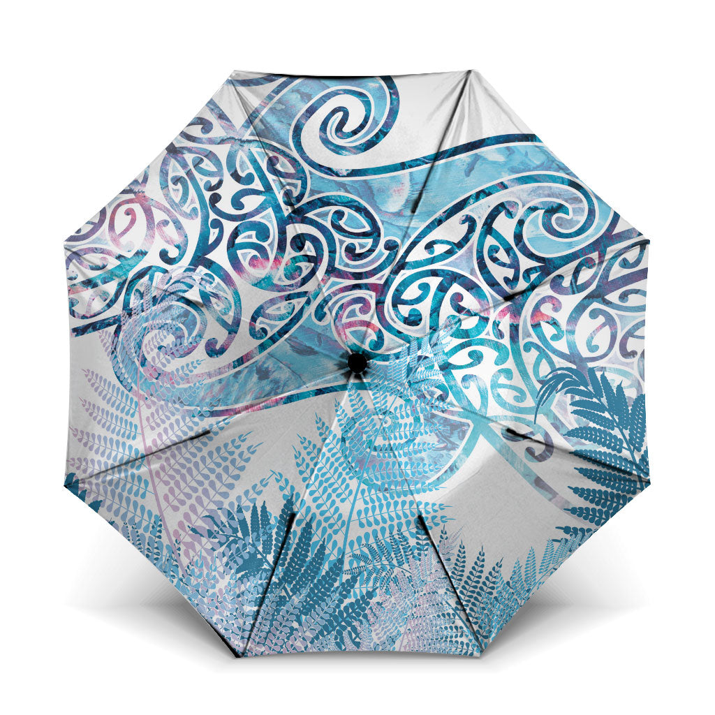 Aotearoa Maori Koru Curves Umbrella Aqua Paua Shell LT7 One Size Folded 11.42 inch Opened Diameter 37.4 inch Blue - Polynesian Pride