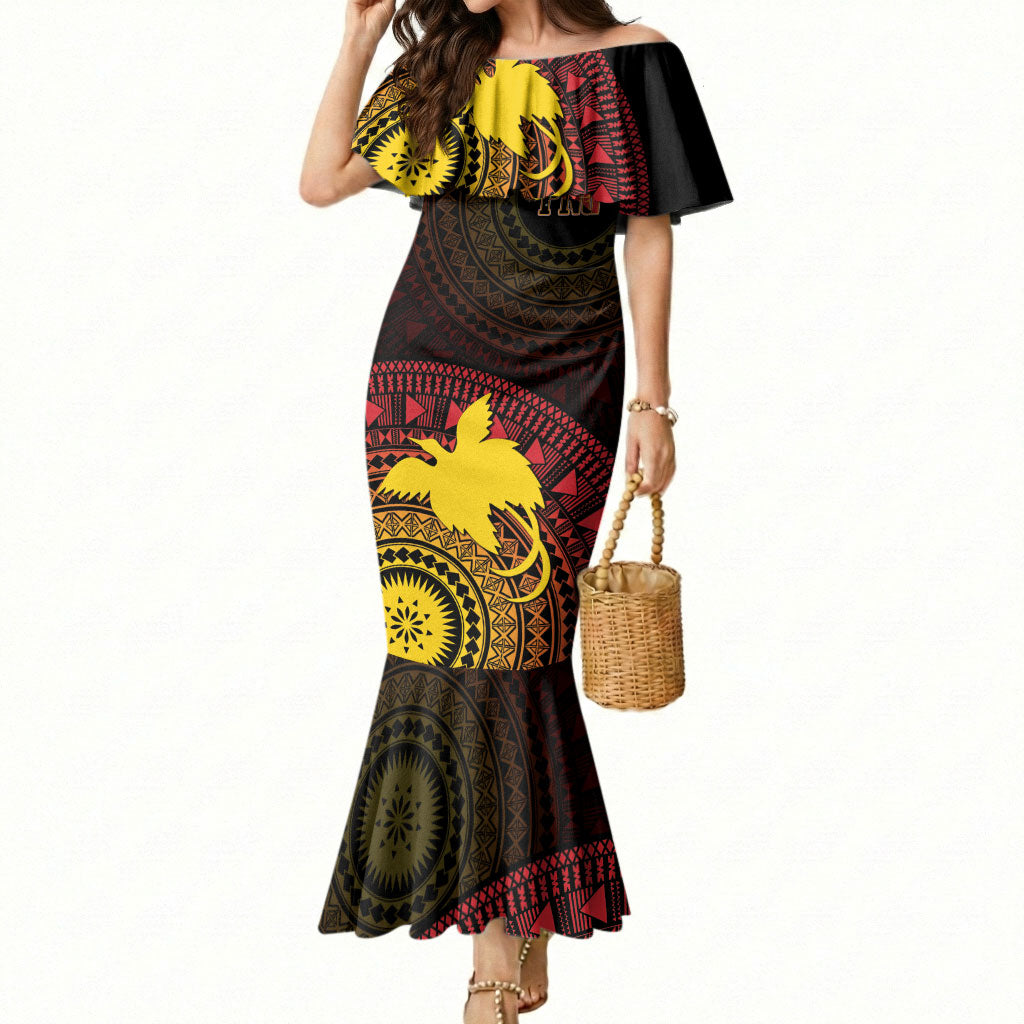 Papua New Guinea Independence Personalized Mermaid Dress Tapa Circle LT7 Women Black - Polynesian Pride