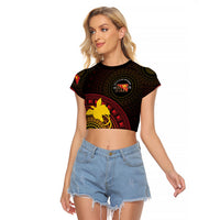 Papua New Guinea Independence Personalized Raglan Cropped T Shirt Tapa Circle LT7 Female Black - Polynesian Pride