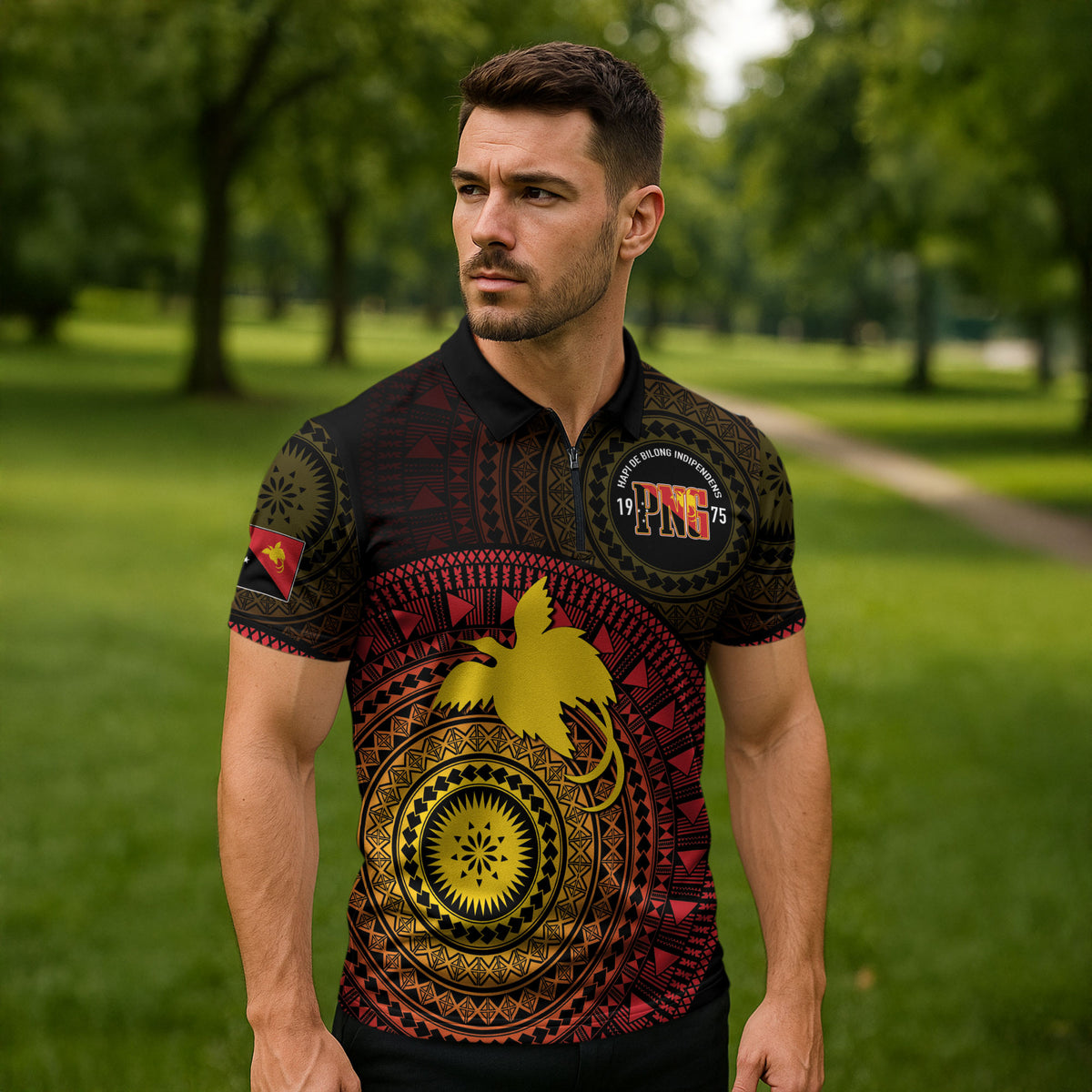 Papua New Guinea Independence Personalized Zipper Polo Shirt Tapa Circle LT7 - Polynesian Pride