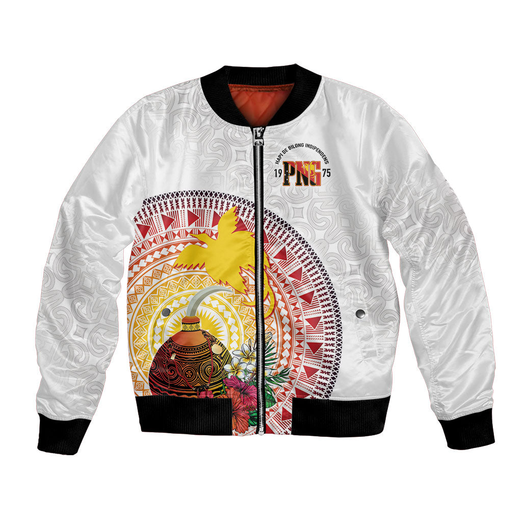Hapi De Bilong Indipendens Papua New Guinea Bomber Jacket PNG Lime Pot LT7 Unisex White - Polynesian Pride